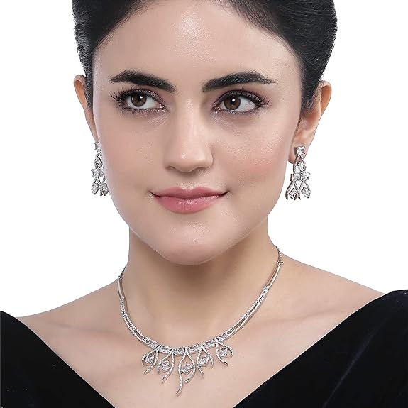 Collier contemporain clouté de diamants américains plaqué rhodium avec boucles d'oreilles, ensemble de bijoux pour filles et femmes