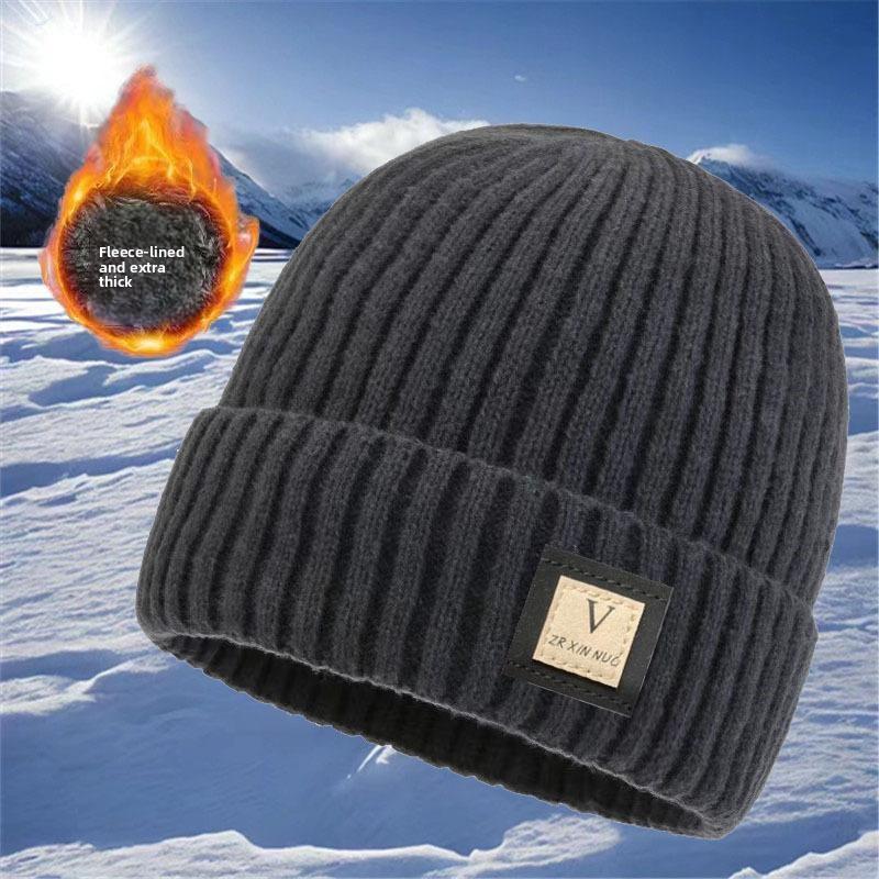 Męska zimowa gruba ciepła dzianinowa wełniana czapka z podszewką z polaru modna czapka w jednolitym kolorze w koreańskim stylu