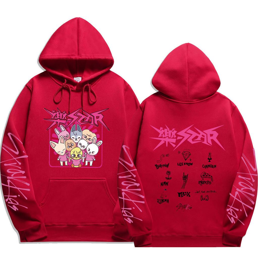 Stray Kids Pullover Hoodie Front Pink Punk Cartoon Member Names Graphic Kangaroo Pocket Drawstring Hood Oversized Unisex K‑Pop Streetwear Fan Merch