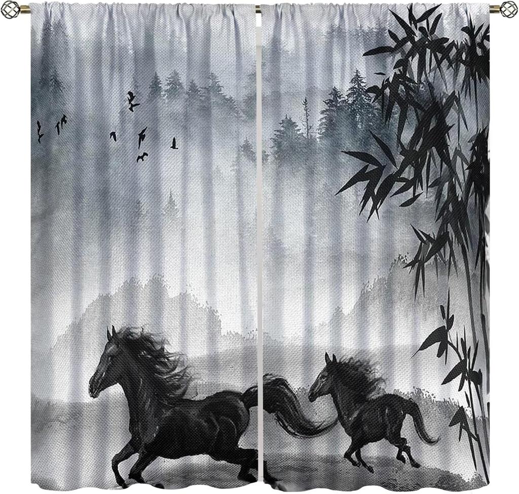 Horse Window Curtains, Western Wild Horses Under Cherry Curtains For Living Room,Country Style Rustic Farm Animal Horse Pink