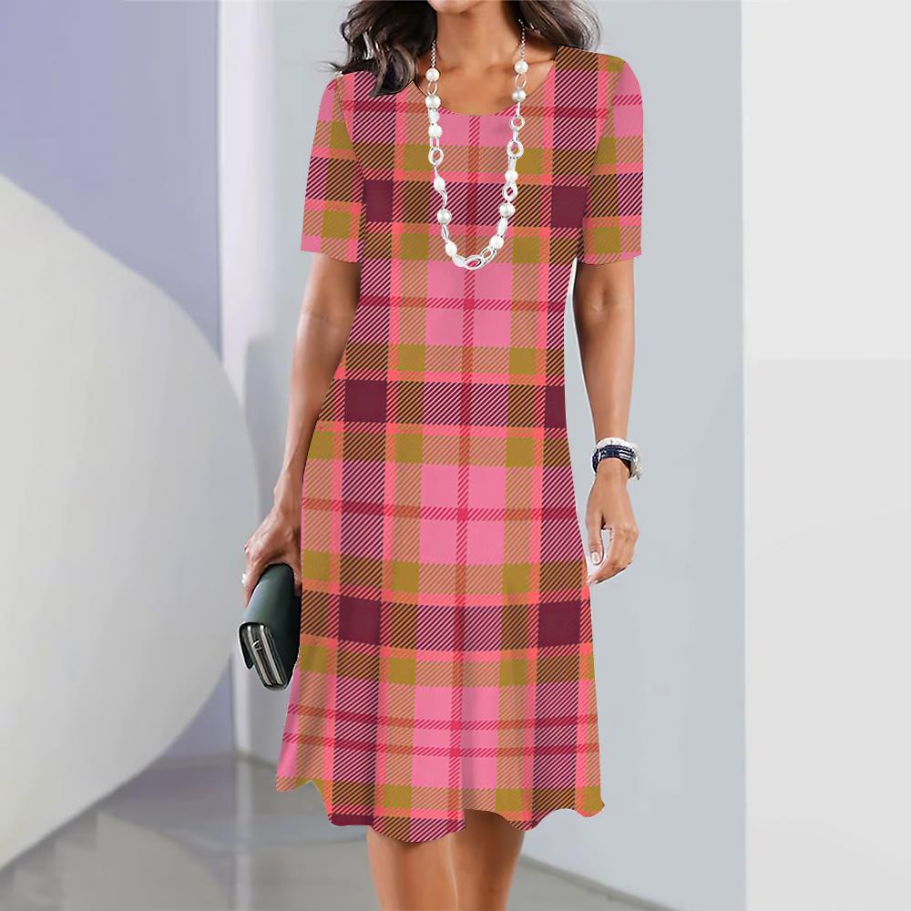 New Plaid Graphic Print Dresses For Women Elegant Dresses Summer Medium Length Dress Plus Size Female Fashion