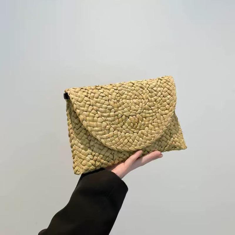Fashion Beach Purse Women Summer Beach Bag Envelope Woven Clutch Solid Color Large Capacity Storage Bag Corn Husk Straw Hand Bag