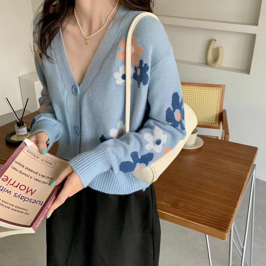 Blumen-Strickjacke für Damen, süß, niedlich, langärmelig, Strickpullover, Y2K-Streetwear, Herbst-Winter, lässige Tops