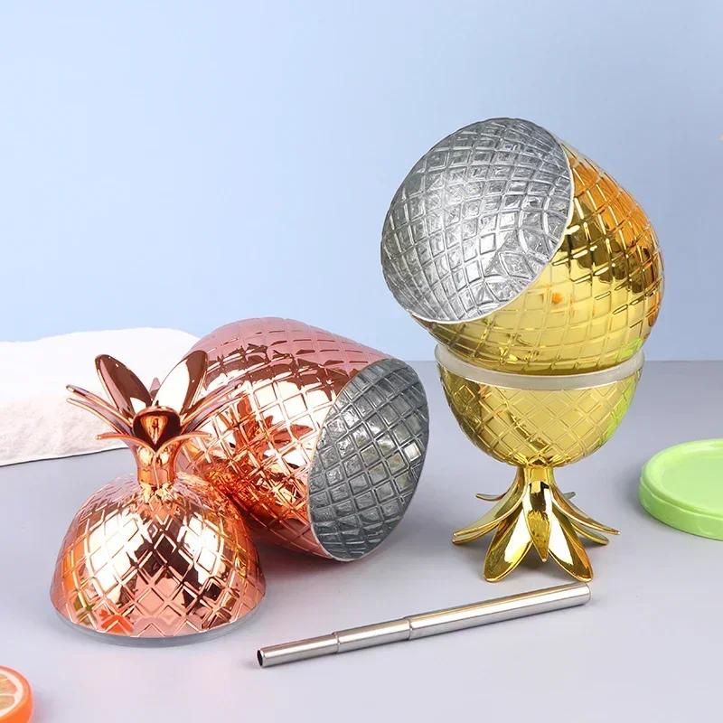 New 450ml Plastic Cocktail Glass Pineapple Straw Glass Foreign Wine Red Wine Glass Stainless Steel Straw