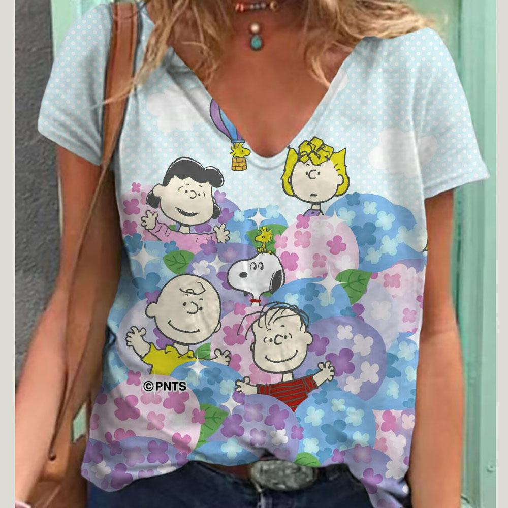 V-Neck Women's Sexy T-shirts Short Sleeve Breathable Simple Snoopy Cartoon Print Tops T-shirt Fun Patterns 15 Color Pullover Top