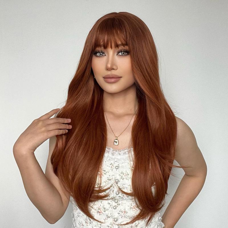 Lange, gerade Ombre-Perücke in Schwarz, Rot, Braun, Synthetik für Damen, hitzebeständige Faser, natürlich aussehende Perücke mit Pony