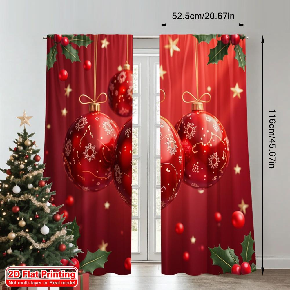 2pcs 2D flat printing Merry Christmas Curtains Red Christmas Ornaments Glittering Holly Polyester Without Electricity Spring