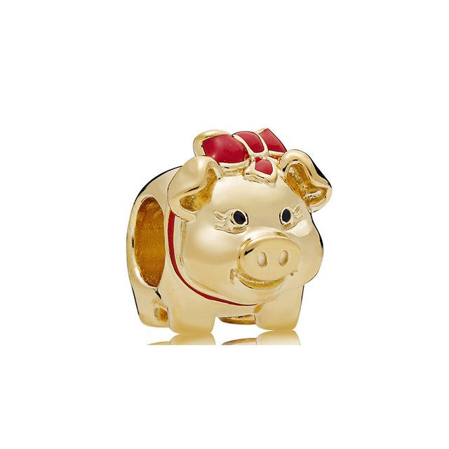 S925 Sterling Silver Shiny Gold Series Crown Lovely Pig Life Tree Beads Fit Original Bracelet DIY Women's Jewelry