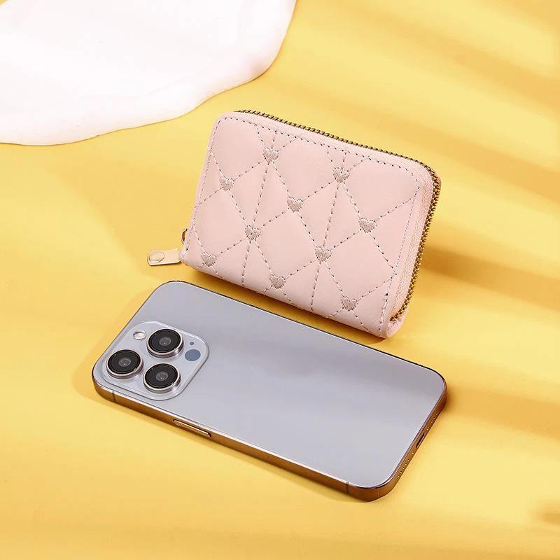 Women Wallet For Pu Leather Fashion Embroidered Love Fold Small Wallet Card Holder Multi-Card Slot Coin Purses Interior Pink