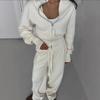 Brown Zipper Front Knit Top and Wide Leg Drawstring Pants Lounge Set