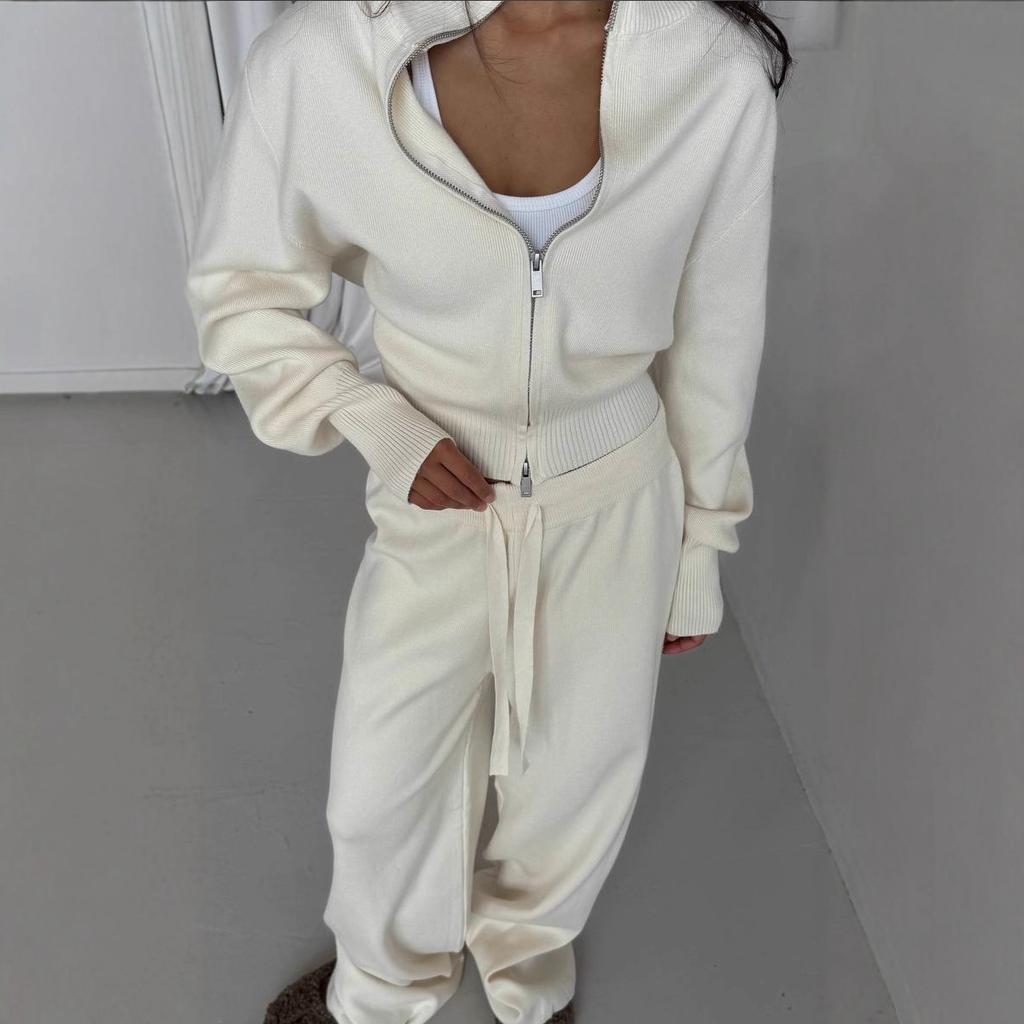 Brown Zipper Front Knit Top and Wide Leg Drawstring Pants Lounge Set