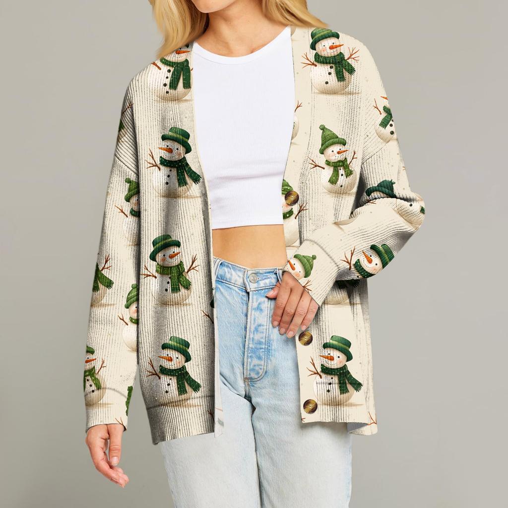 Women's Fashion Long Sleeve Print V-Neck Button Loose Cardigan Top