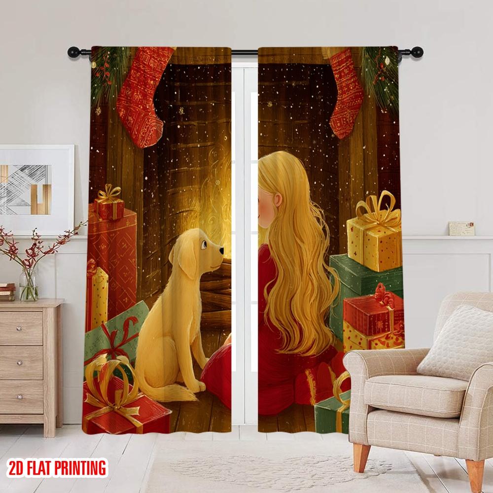 2pcs,2D plane printing Creative Curtains Cozy Fireplace Scene with in Red & Dog Polyester Fabric (without rod) Art Deco Festive