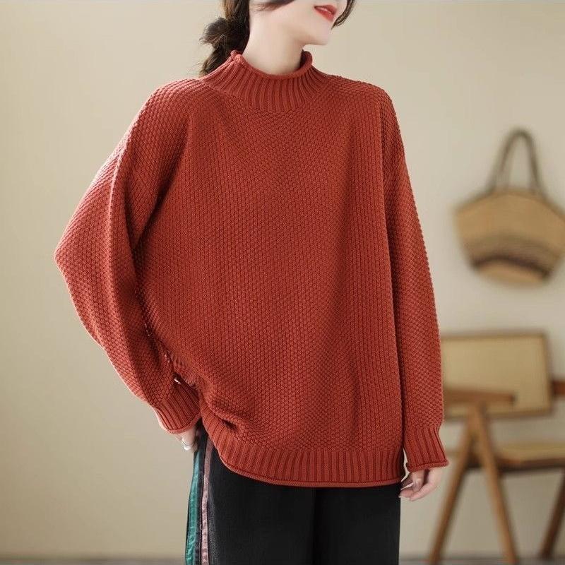 Women's Loose Stand Collar Sweater Autumn Winter Vintage Soft Skin-Friendly Solid Color Sweater
