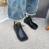 Johnature Square Toe Short Boots Genuine Leather Lace-up Retro Versatile Women Soft Sole Flat Shoes
