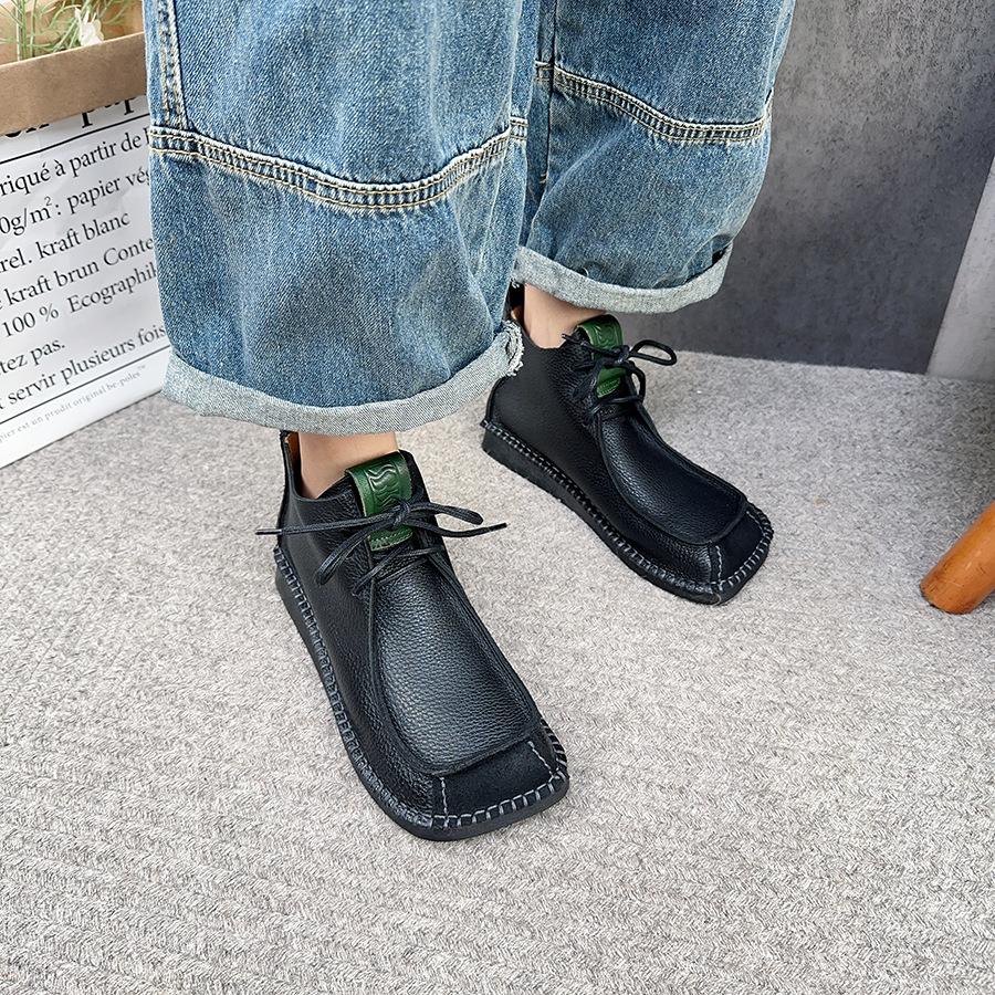 Johnature Square Toe Short Boots Genuine Leather Lace-up Retro Versatile Women Soft Sole Flat Shoes