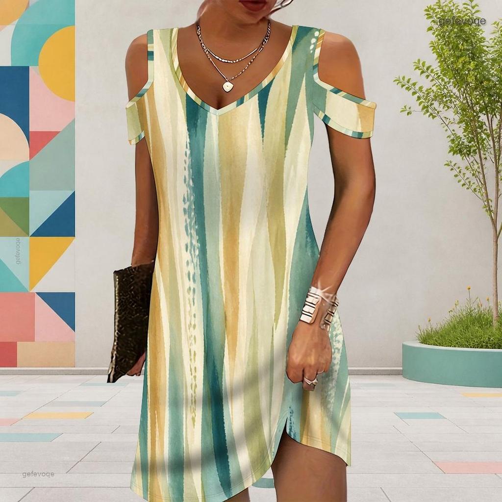 Women Plus Size V Neck Cold Shoulder Abstract Printed Short Sleeve Curved Hem Dress