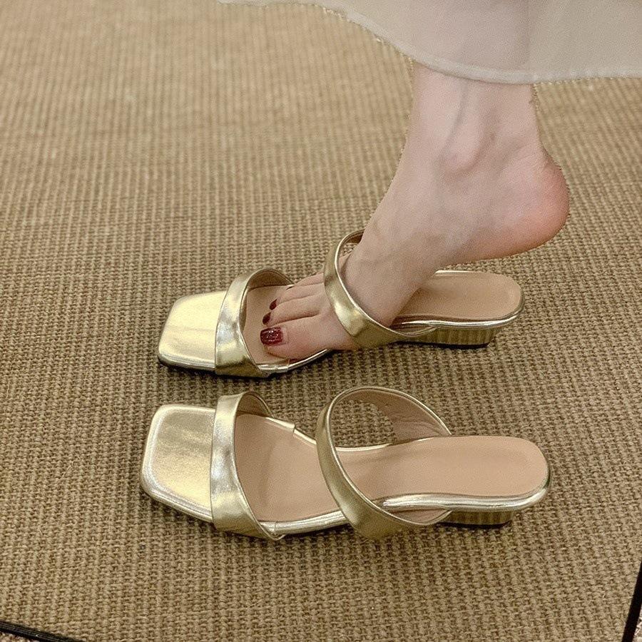 Wedge Heel Silver Simple One-word Slippers Women's Shoes Outer Wear 2025 Summer Low Heel Temperament with Skirt Sandals