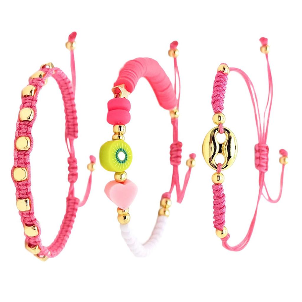 3pcs Bohemian Styles Elegant Bracelets with Pig Nose Beads and Soft Clay Fruit Charm Accessory for Everyday Wear