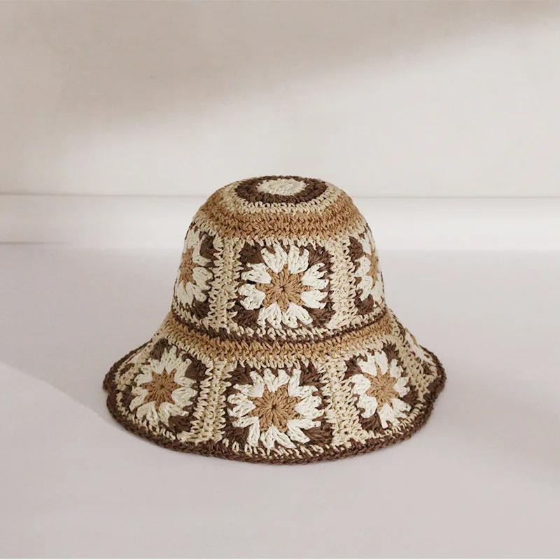 Japan Korea Crochet Beach Straw Hat Women Summer Flowers Grid Pure Hand-woven Hat Sunshade Fisherman Breathable Bucket Gorras