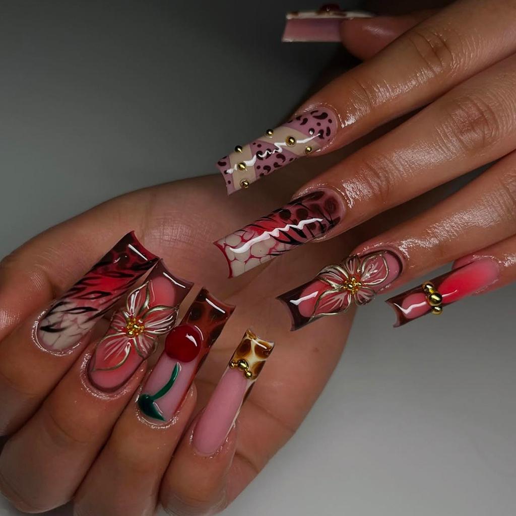24Pcs Sweet Medium Square False Nails with Glue Blush Pink Flowers Fake Nails Full Cover French Acrylic Press On Nails for Girls