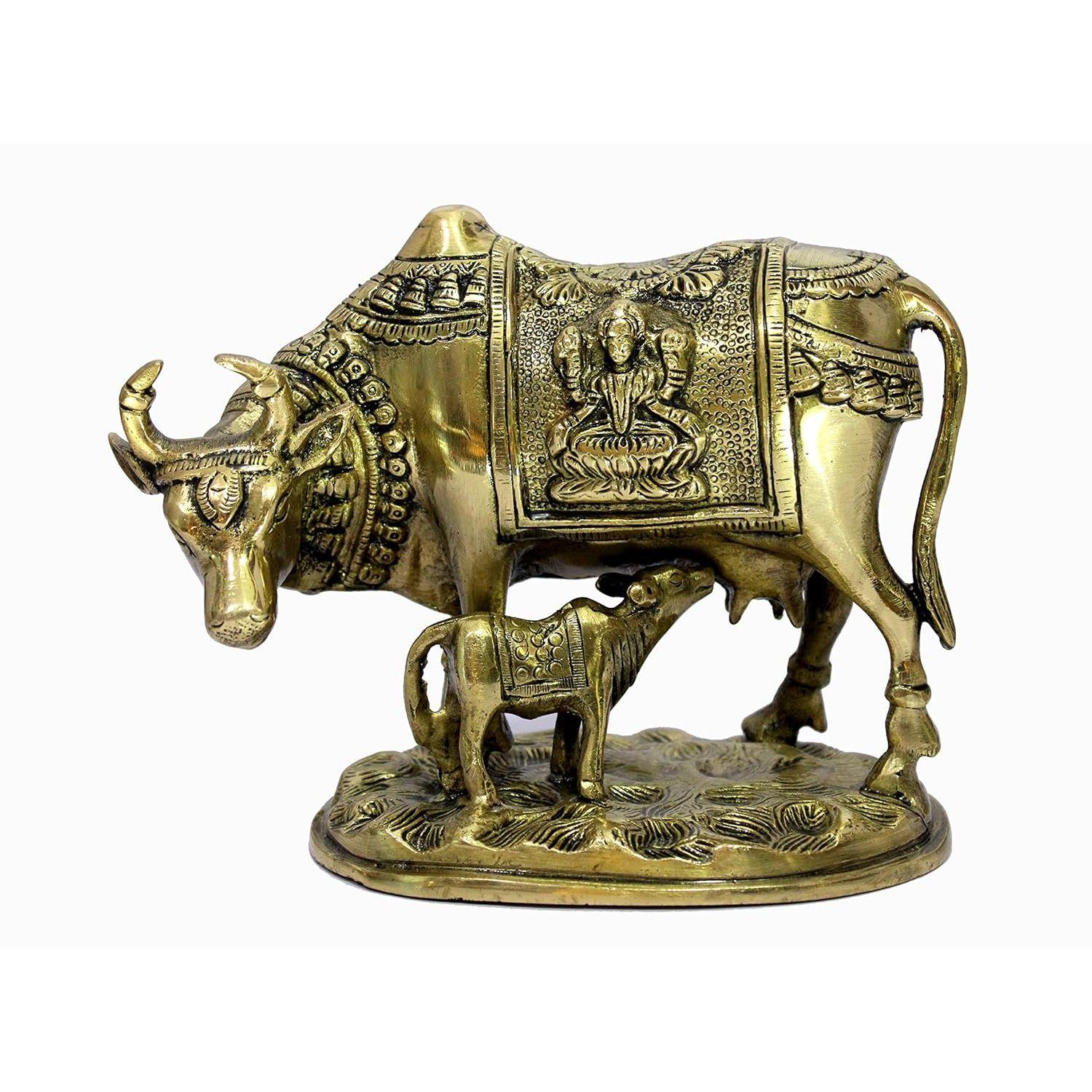 

Brass Holy Kamdhenu Kamadhenu Cow and Calf Sculpture - Lucky Figurine Idol Statue Sculpture - 6 Inches