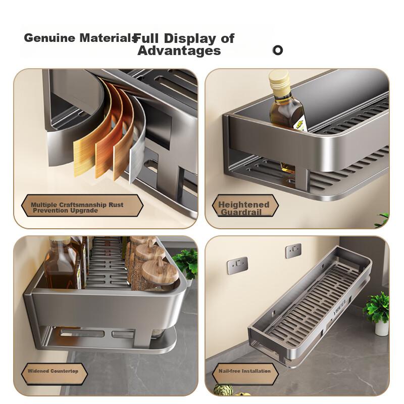 YWEEL Gunmetal Kitchen Spice Rack, No Drilling Required, Wall-Mounted Seasoning Shelf, Wall-Mounted Organizer, Space Aluminum Storage Rack
