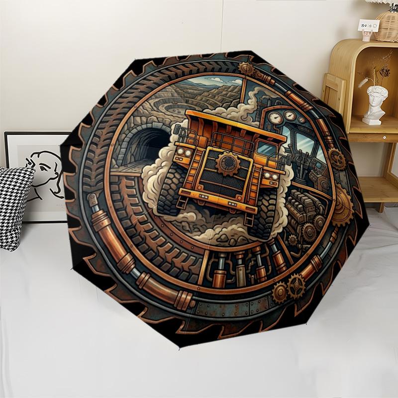 Industrial Machine pattern umbrella, portable and foldable design, 8 ribs, a casual accessory for Halloween, Christmas, and birthday gifts.