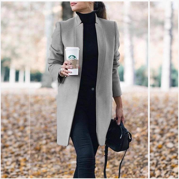 Women's Stand Collar Solid Color One Button Long Sleeve Mid Length Wool Blend Coat Casual Open Front Jacket