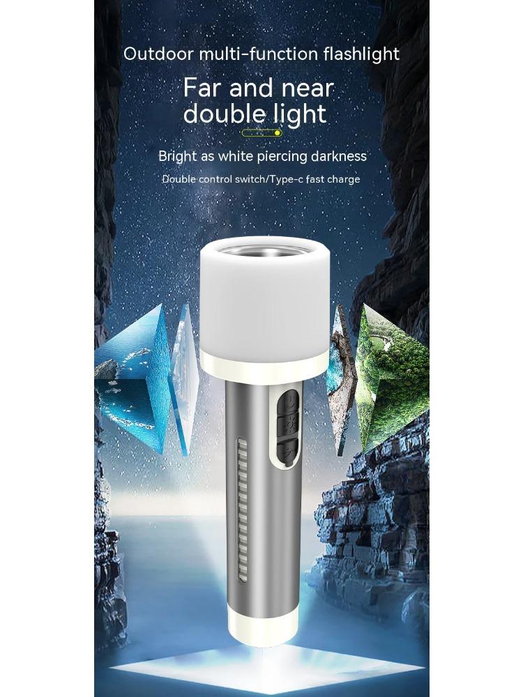 LED Double Light Flashlight Rechargeable Handheld Torch 5 Lighting Modes Outdoor Home Emergency Warning Camping Tool Lights
