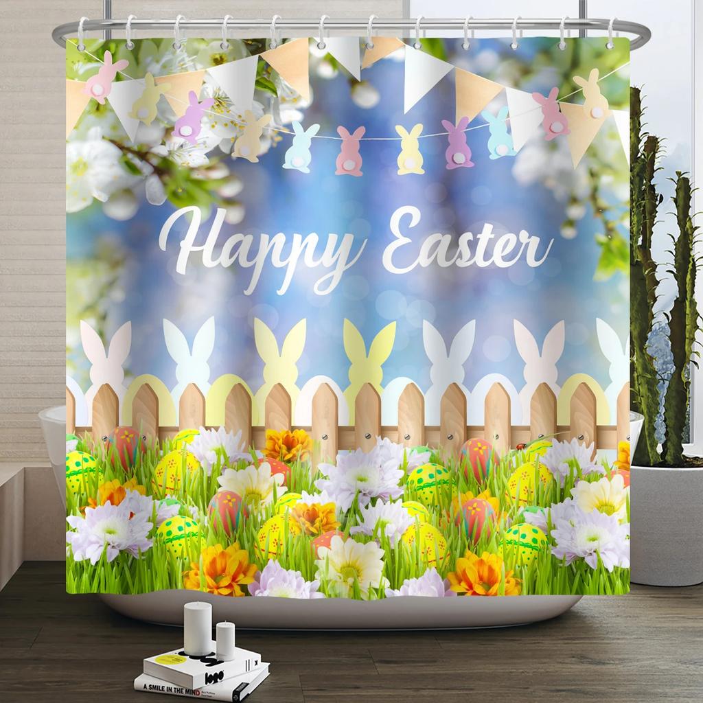 Spring Easter Shower Curtain Happy Rabbit Bunny Eggs Flower Garden Floral Holiday Waterproof Bathroom Shower Curtain With Hooks