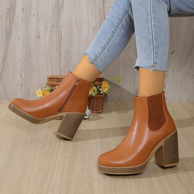 Women's Boots European and American Round Toe Side Zipper Thick Heel Short Boots High Heel Women's Boots