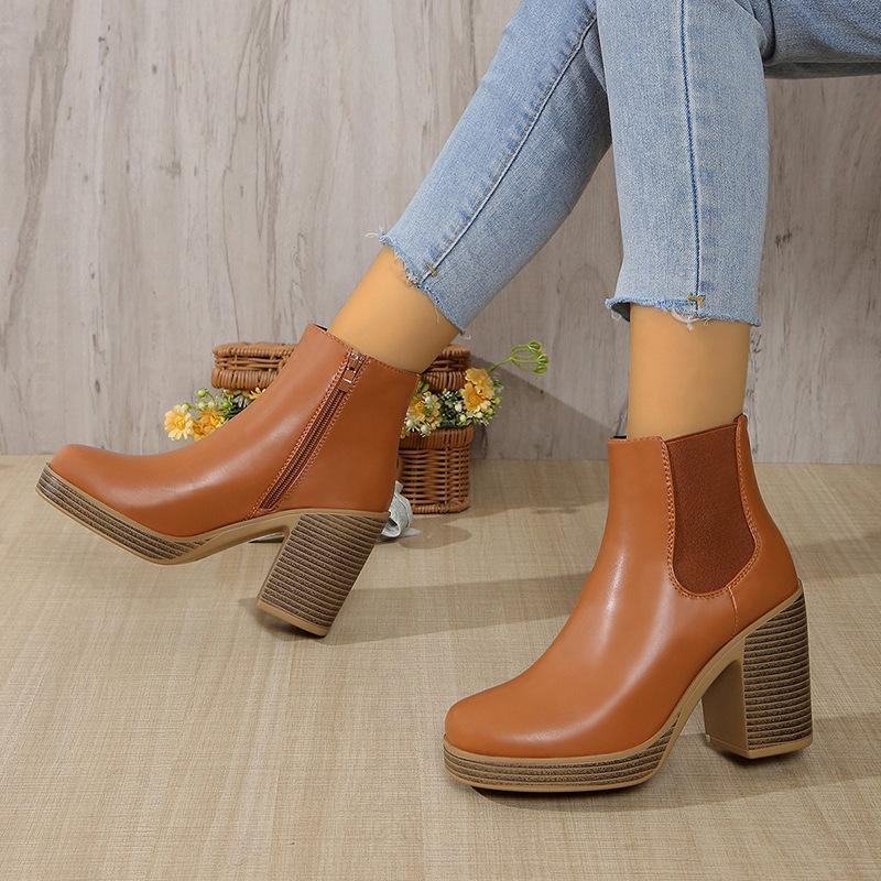 Women's Boots European and American Round Toe Side Zipper Thick Heel Short Boots High Heel Women's Boots