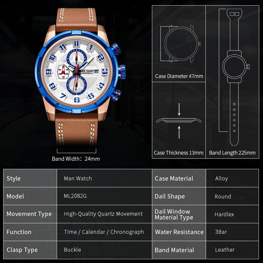 MEGIR Chronograph Sport Watch for Men Leather Strap Quartz Military Wristwatch Waterproof Calendar Clock Relogio Masculino 2082