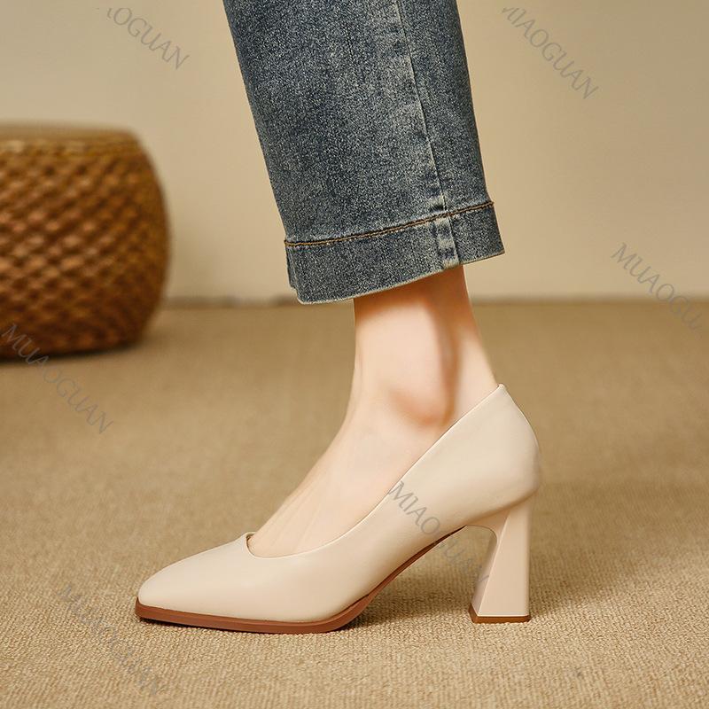 Fashion Spring New Women's Pumps Retro Shallow Mouth Square Head Thick High Heels Work Shoes Commuting Beige Black Women Single Shoes
