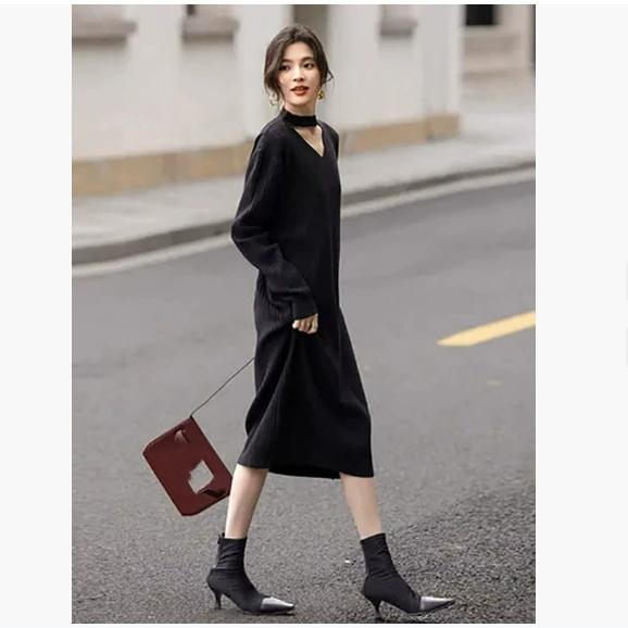 Autumn and Winter Women's Lengthened Hollow V-neck Solid Color Sweater Skirt Dress