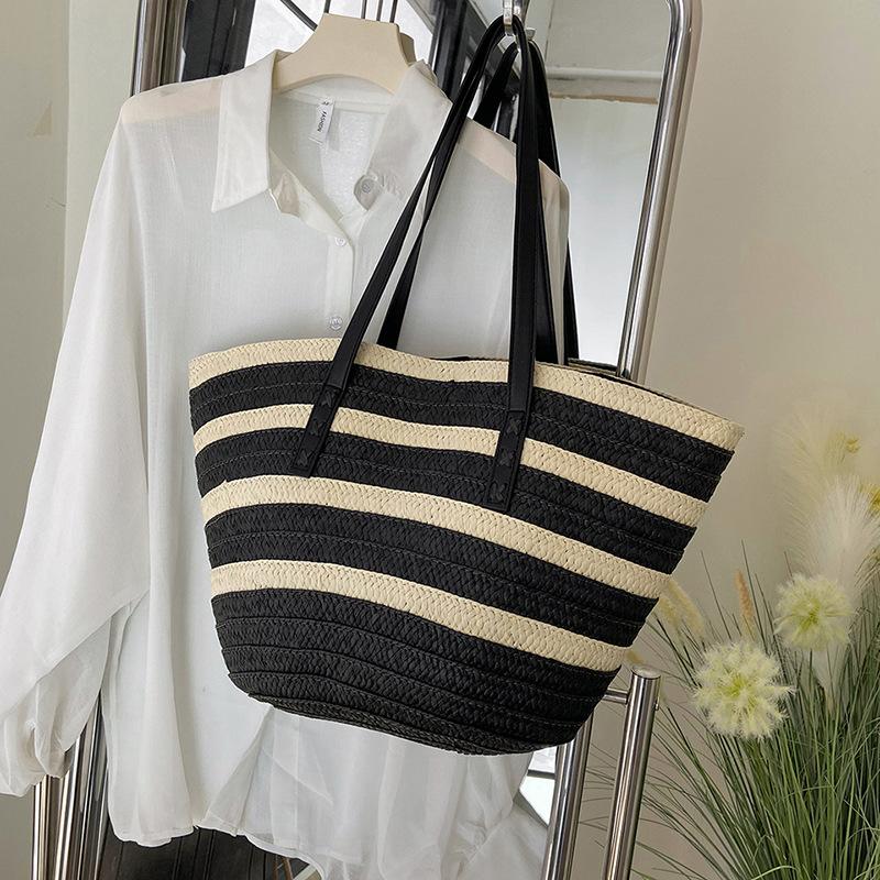 

Retro straw woven bag women s new summer fashion shoulder bag woven beach bag large capacity tote bag чёрный