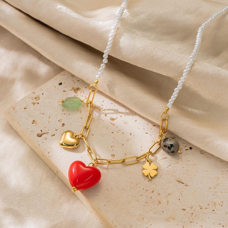 K Gold Plated Stainless Steel Leaf Red Heart Multi Pendant Necklace For Women
