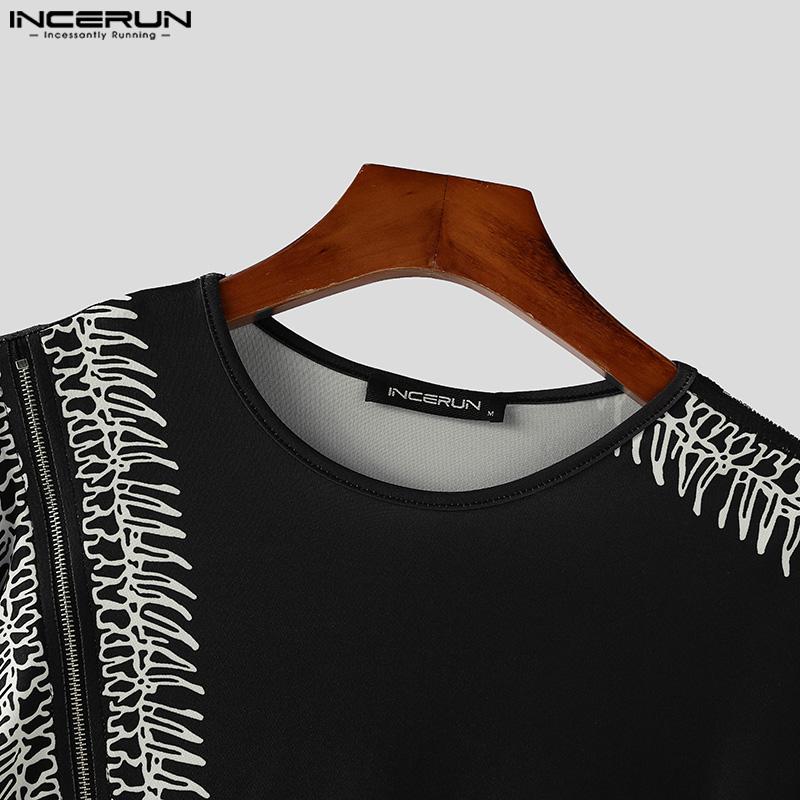 INCERUN Men Spring Long Sleeve Print Undershirts Casual Slim Zipper Hem Tops