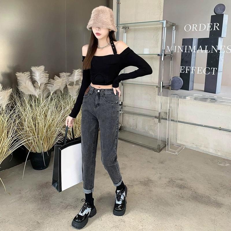 

Spring Autumn Plus Size Women Jeans Pants Elastic Buttons Straight Basic High Waist Trousers Blue Long Pants XS сірий