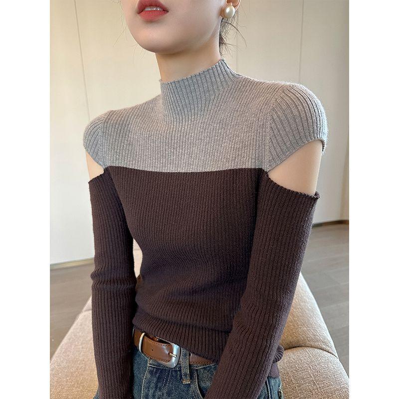 New Color-blocked Half Turtleneck Off-shoulder  for Women Autumn Versatile Bottoming Sweater