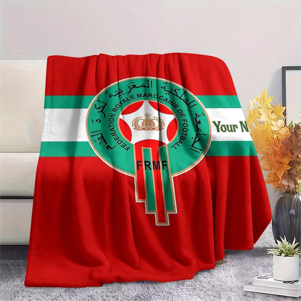 1PC Moroccan Football Crest Custom Name Patterned Flannel Blanket Suitable For All Seasons For Home Decor Warmth And Comfort Gifts Holiday Present