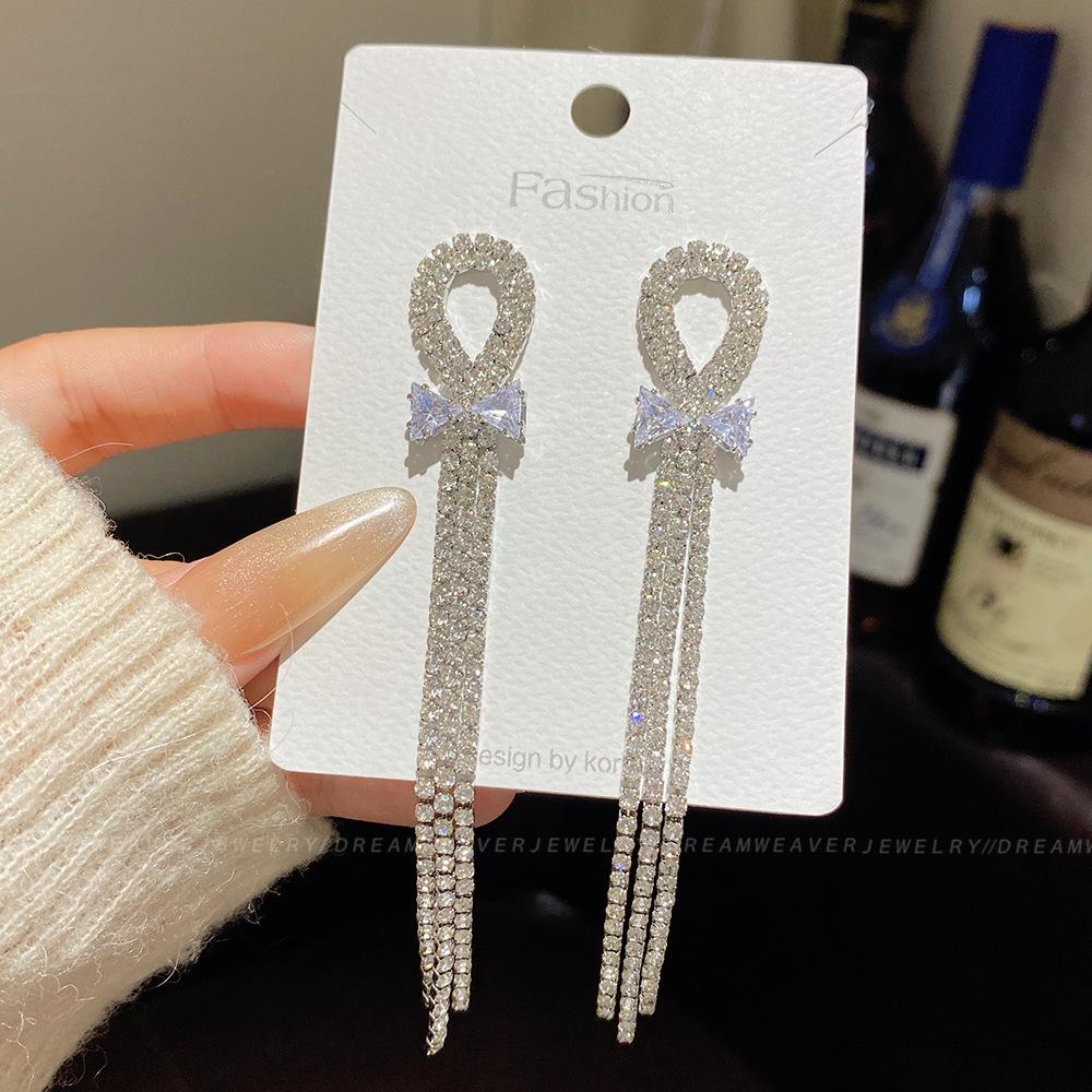 925 Sterling Silver Full Diamond Tassel Earrings – High-End European & American Style, Super Shiny, Luxurious Ear Jewelry for Women.