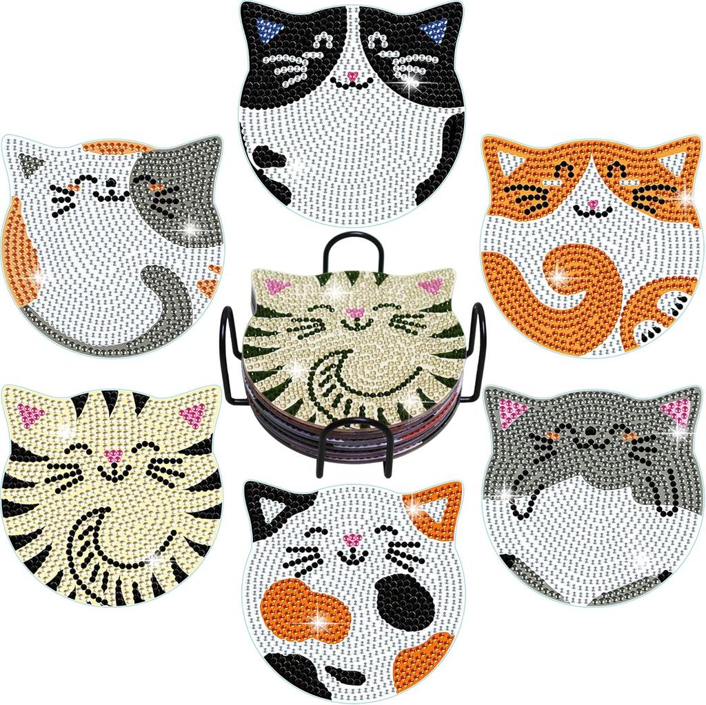 DIY Cat Shape Diamond Painting Coaster Set Handmade Craft Kit Round Resin Base Mosaic Kit for Home Decoration and Gift