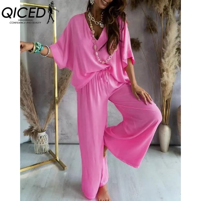 

QICED Женский комплект с V-образным вырезом, рукавами летучая мышь, повседневный, свободный, с широкими брюками S розовый