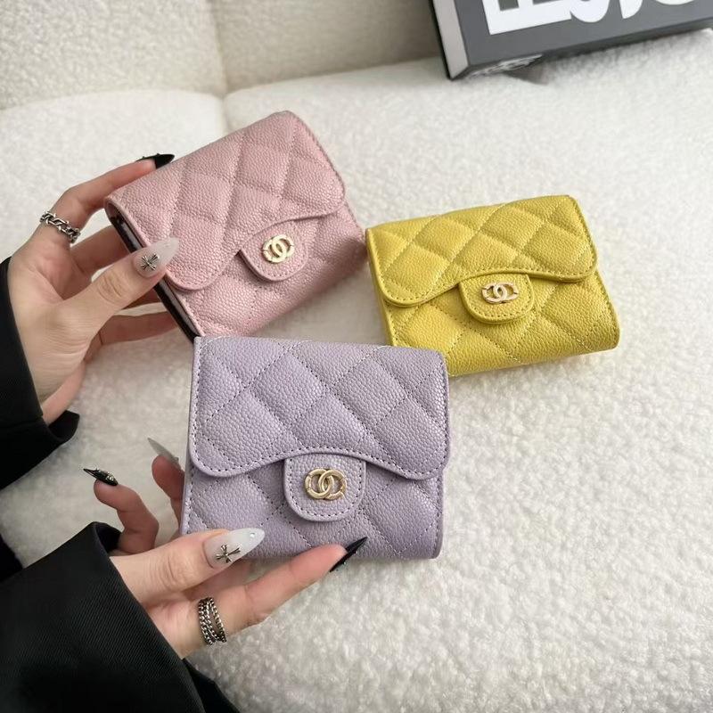 2026 New Caviar Patterned Cowhide Long Three Fold Wallet Hand-held Bag Chain Strap Crossbody Genuine Leather Women's