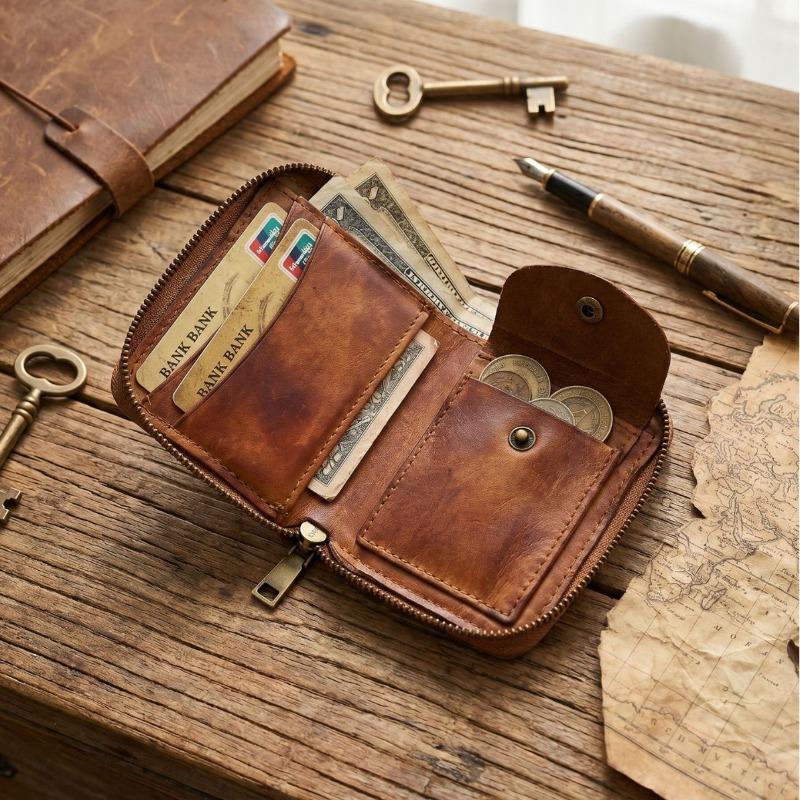 Multi-Functional Genuine Leather Wallet for Men, Vintage Zipper Purse, All-in-One Organizer for Cards, Cash, Coins & ID