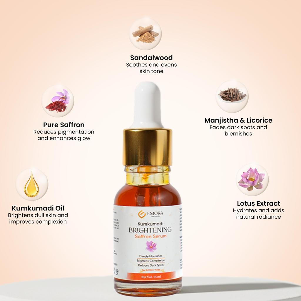 Emora Kumkumadi Pure Saffron Serum | 15ml | Ayurvedic Reduces Pigmentation & Dark Spots | Winter Skin Rejuvenation | Natural Glow Serum for All Ski