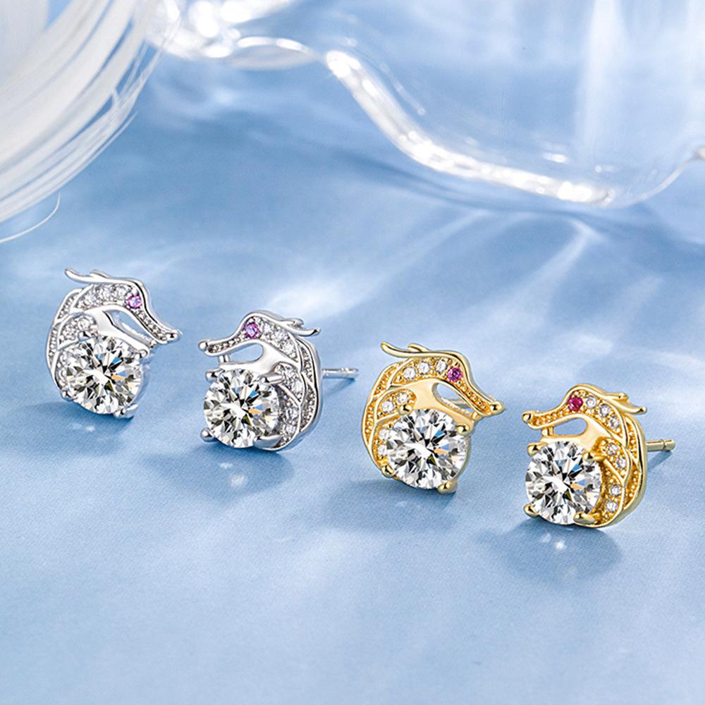 Light Luxury Diamond-encrusted Zodiac Dragon Red Diamond Stud Earrings Niche Design Ear Jewelry