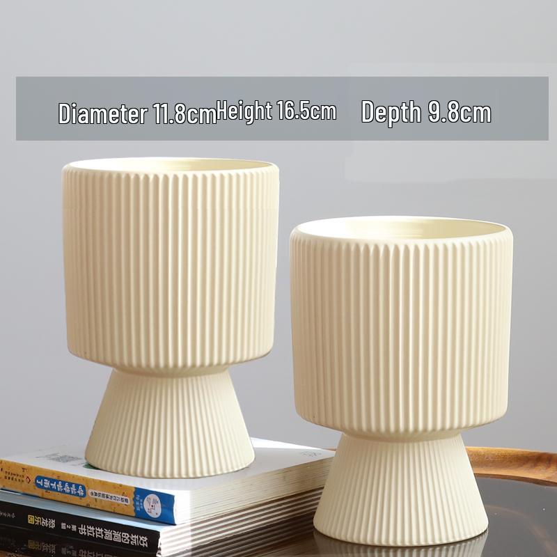 Nordic Ceramic Flower Pot with Tray - High-Footed Vertical Stripes for Indoor/ Balcony, Ideal for Pothos and Orchids.